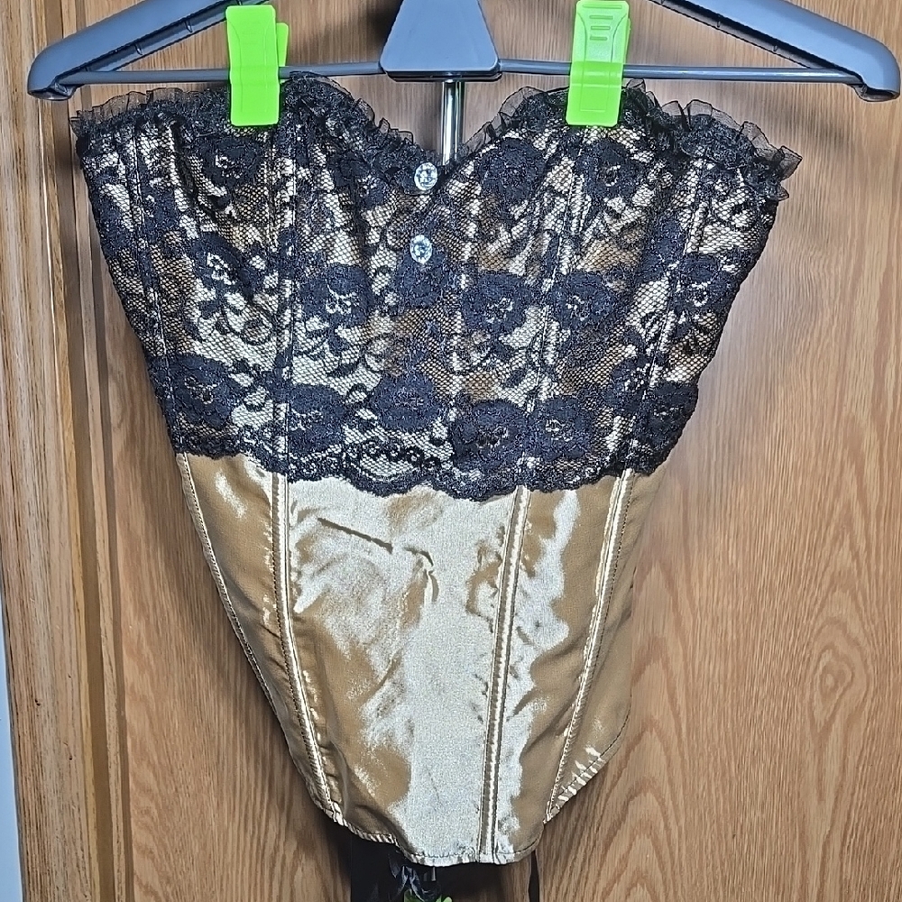 Black Lace and Gold Satin Corset Top